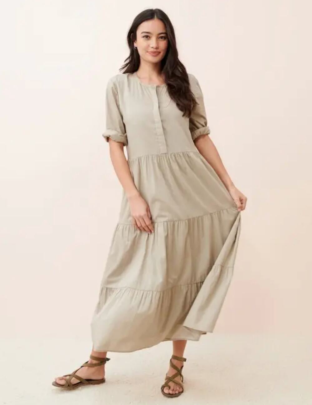 Jenni Kayne Tuckernuck James Green Tiered Maxi Midi Cotton Linen Button Dress S